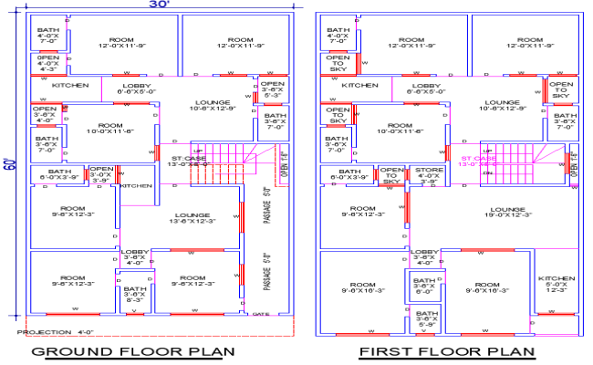 30'x60' House Plan DWG with 12 Bedrooms and 4 Lounges