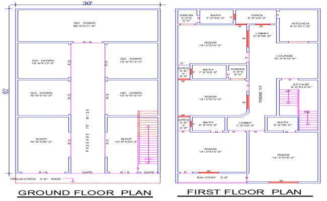 30'x60' House Plan DWG with 4 Bedrooms, Lounge, and Shops