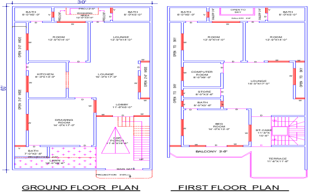 30'x60' House Plan DWG with 4 Bedrooms and Balcony Layout