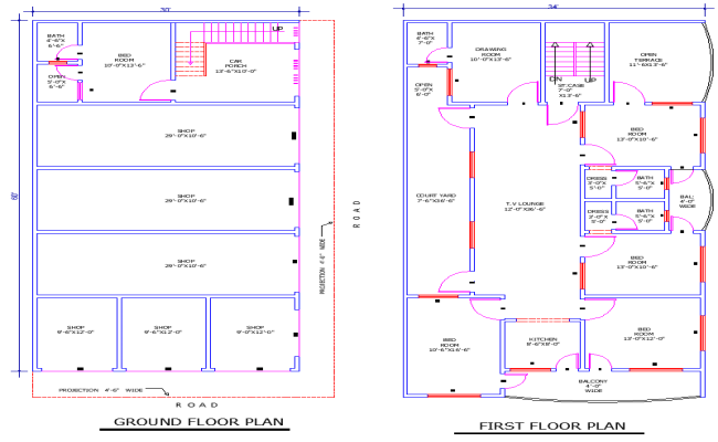 30'x60' House Plan DWG with 5 Bedrooms, Lounges & Shops