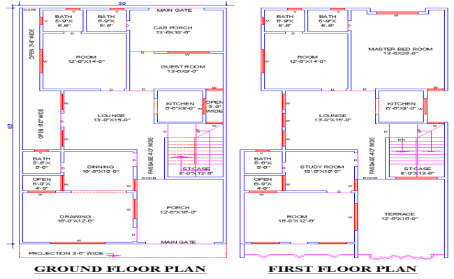 30'x60' House Plan DWG with 5 Bedrooms and Study Room