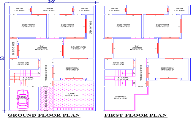 30'x60' House Plan DWG with 6 Bedrooms and Courtyard View