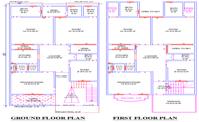 30'x60' House Plan DWG with 6 Bedrooms and Terrace Design