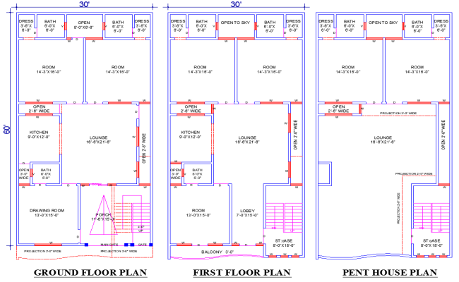 30'x60' House Plan DWG with 7 Bedrooms and 4 Lounges Design