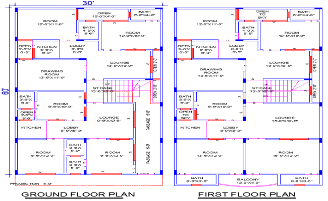 30'x60' House Plan DWG with 9 Bedrooms and 5 Living Rooms