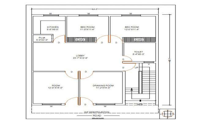 33 X 40 Feet house ground Floor Plan DWG file