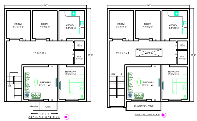 Architectural 33'x32' House Design with Detailed Floor Plan
