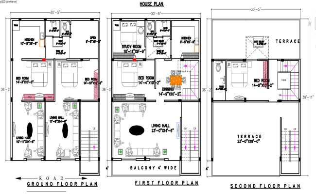 3-Storey Residential Home Plan of Terrace Layout in DWG File