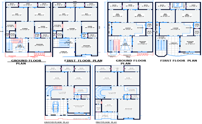 3 Unique 30'x45' Residential House Plans in AutoCAD DWG Files