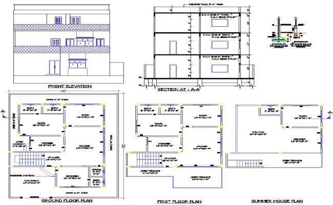 Multi-Storey 40×55 House DWG Layout with Elevation Details
