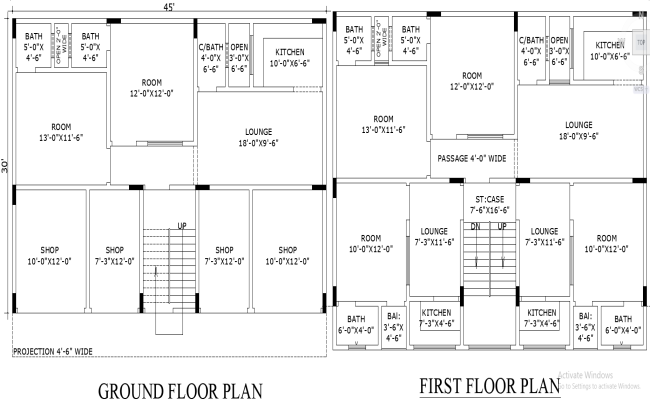 45'x30' Commercial and Residential house Floor Plan in AutoCAD DWG file format. 