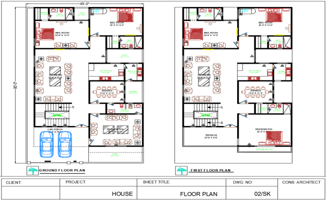 Two Story Modern House Plan 45x80 AutoCAD DWG Design