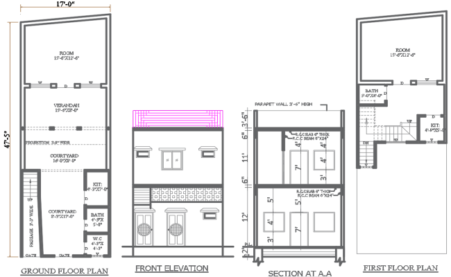 AutoCAD 47.5ftx17ft Simple House Plan with Elevation