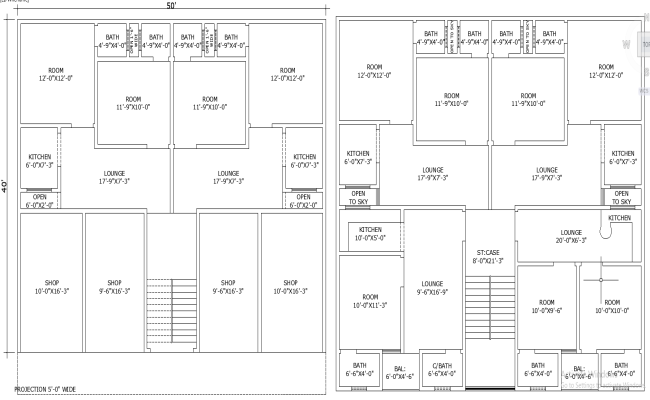50x40 House Plan with Shops and Living Area in AutoCAD File
