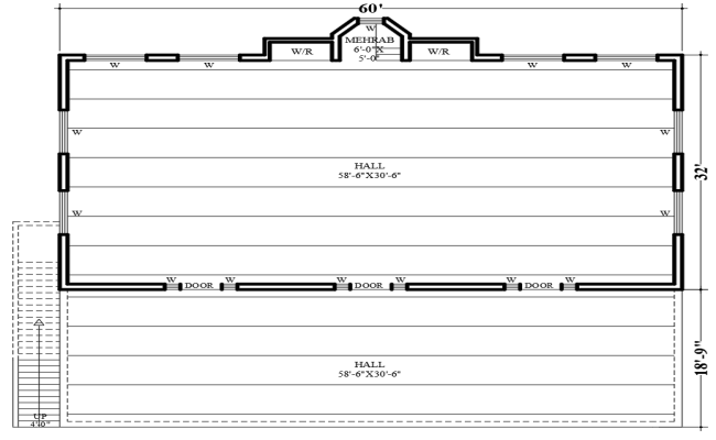 60'x32' Masjid Floor Plan with Prayer Hall and Layout Design
