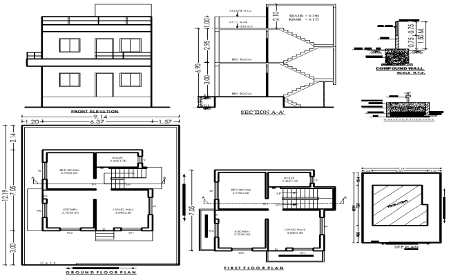 7.05mx6.37m 1BHK Single-Storey House Plan with Elevations