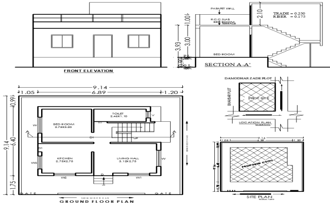 9.14mx9.14m 1 BHK House Plan with Elevation DWG Design