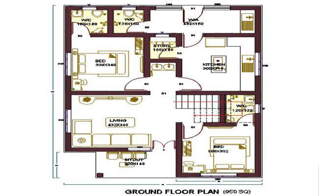 950 Sq Ft House Ground Floor Plan DWG Fi;le
