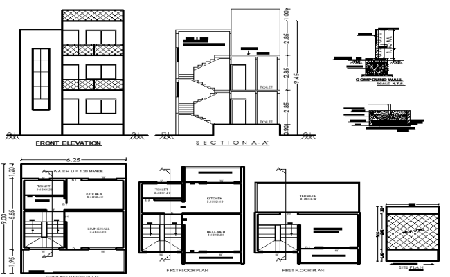 9mx6.25m Multi-Floor House Layout Plan in DWG Format