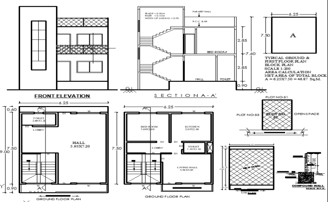 1BHK Architectural House Plan in 9x6.25m CAD Drawing