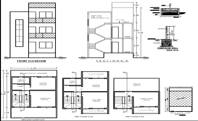 9x6.25m Residential G plus 2 CAD Plan with Elevation