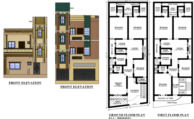 2-Story House Plans with Front Elevations and Floor Details