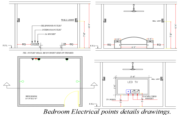 Bedroom Electrical Point Detail DWG AutoCAD File | Cadbull