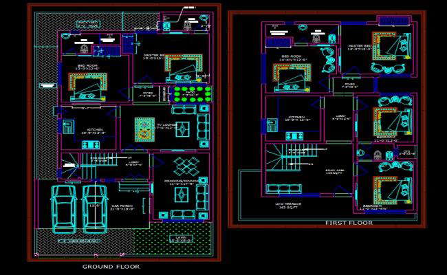 Car parking Architecture House Ground Floor And First Floor Plan DWG file
