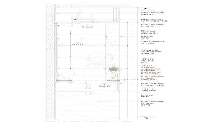 Construction detail of bathroom with material specification DWG AutoCAD drawing