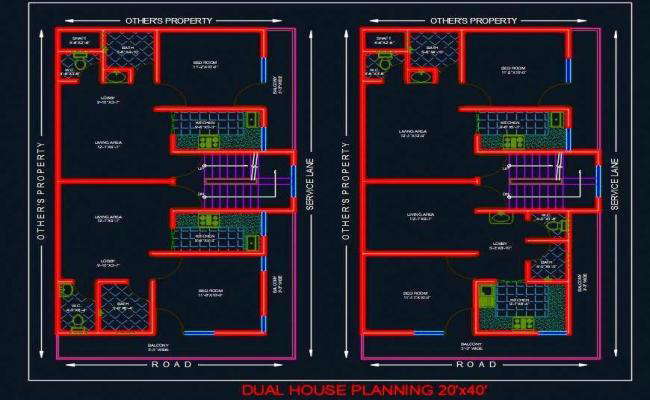  Dual House Planning Floor Layout Plan 20'X40' DWG file