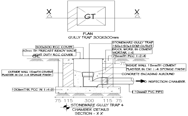 Gully trap chamber section detail DWG AutoCAD file