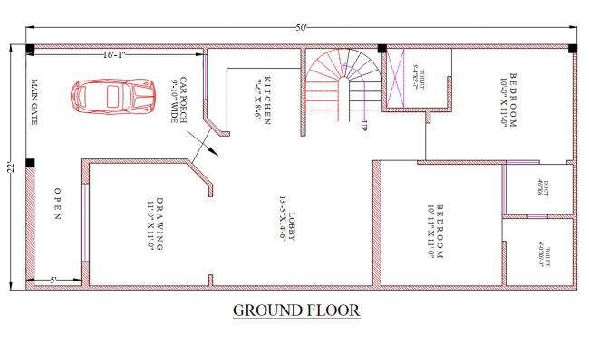Detailed 22'X50' House Ground Floor Plan with architecture file