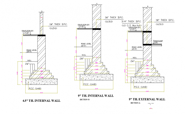 Internal and external wall of footing details are given in this 2D Autocad DWG drawing file.  Download the 2D Autocad drawing file.