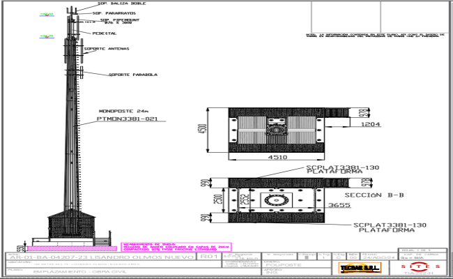 Mobile Tower Installation Plan with Elevation & Sections