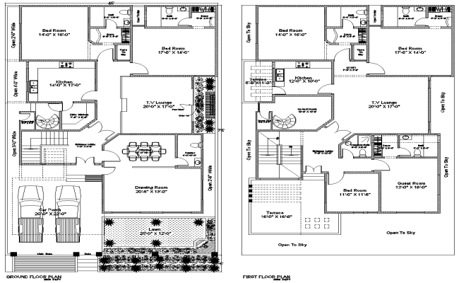 Modern House Plan Layout with Ground and First Floor Details AutoCAD DWG File