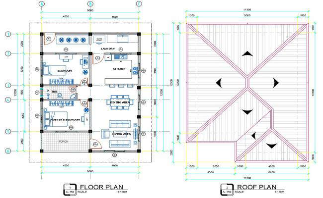 One Story House Floor Plan and Roof Design AutoCAD DWG File