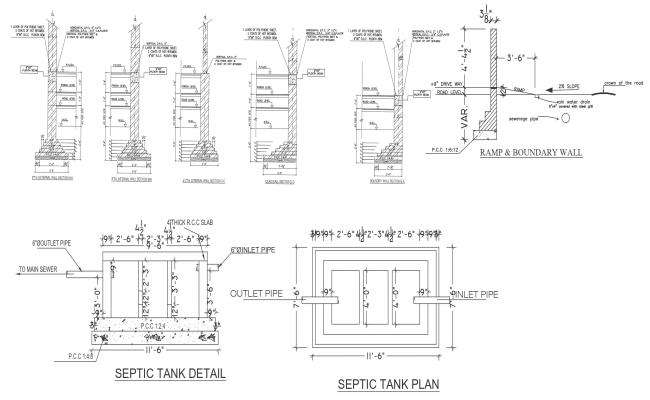 Septic tank detail plan sections and elevation detail of ramp and boundary wall DWG autoCAD drawing