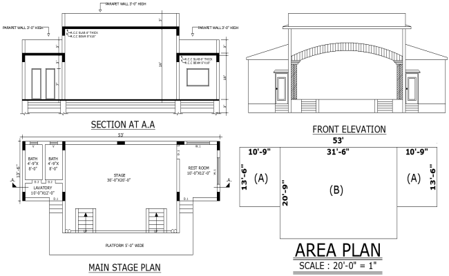 Stage Layout with Section and Elevation AutoCAD DWG File