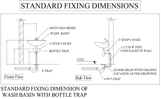 Standard Fixing Dimensions for Wash Basin with Bottle Trap