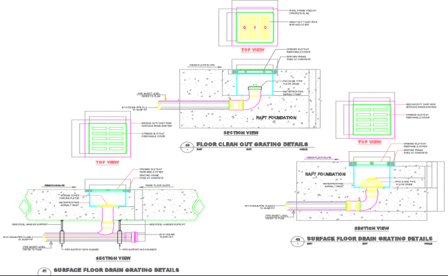 Surface floor and clean out drain grating detail in DWG File