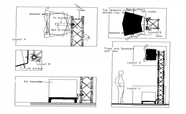 Woofer connection specified in this AutoCAD file.  Download this 2d AutoCAD drawing file.