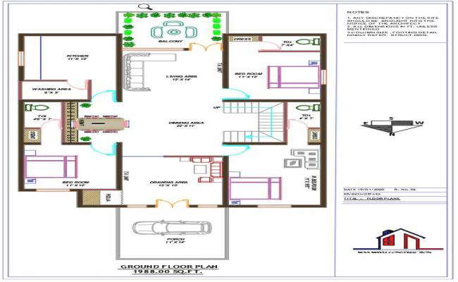 North Facing 3 BHK House Plan Drawing Download DWG File