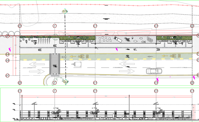 Urban road section CAD drawing with walkway and cycling path DWG