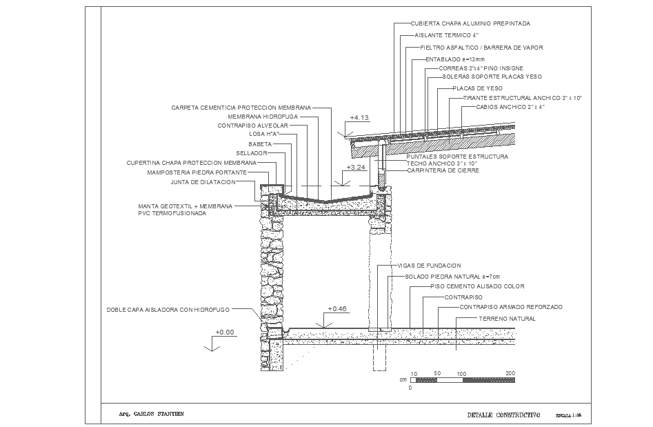  Detail connection roof with stone wall Design