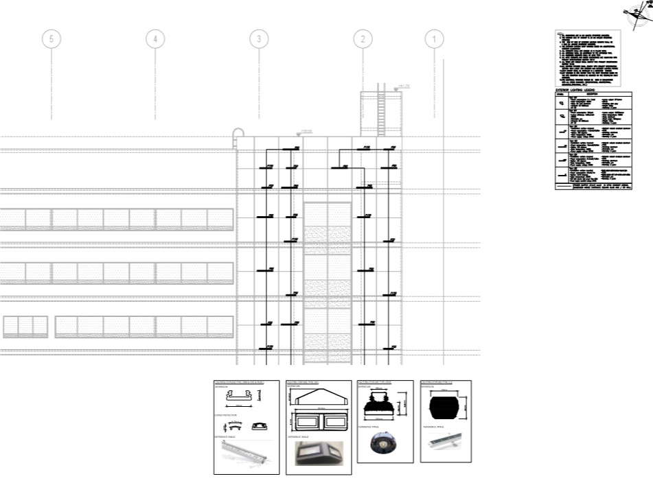  building elevation and exterior  lighting pattern detail 