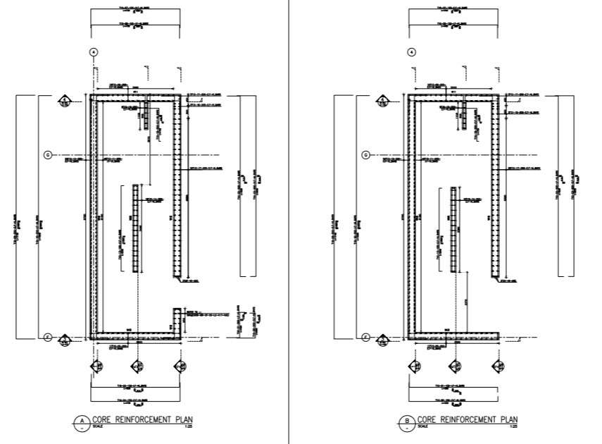  structural detail plan with reinforcement from 3rd to 4th floor