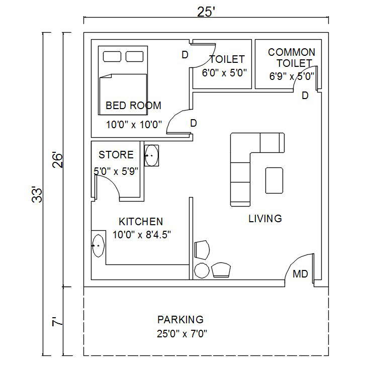 1 BHK Residential Building Plan