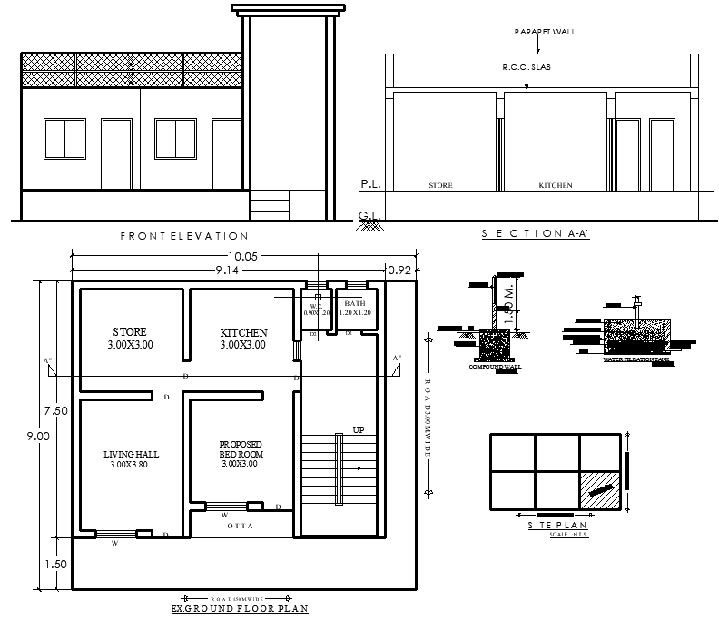 10.05x9.0m 1BHK Home Plan with Store Room in DWG Format