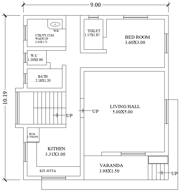 AutoCAD DWG Layout of 10.19m×9m 1BHK House Design
