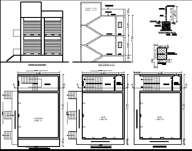 10.20m x 6.6m Shop Plan Design with Godown Plan AutoCAD DWG